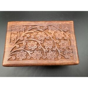 Vintage Hand Carved Wood Trinket Marquetry Box ‎ Wooden Jewelry